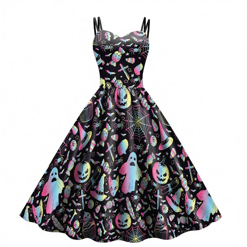 Women's Halloween Skeleton Spider Web Digital Print Dress