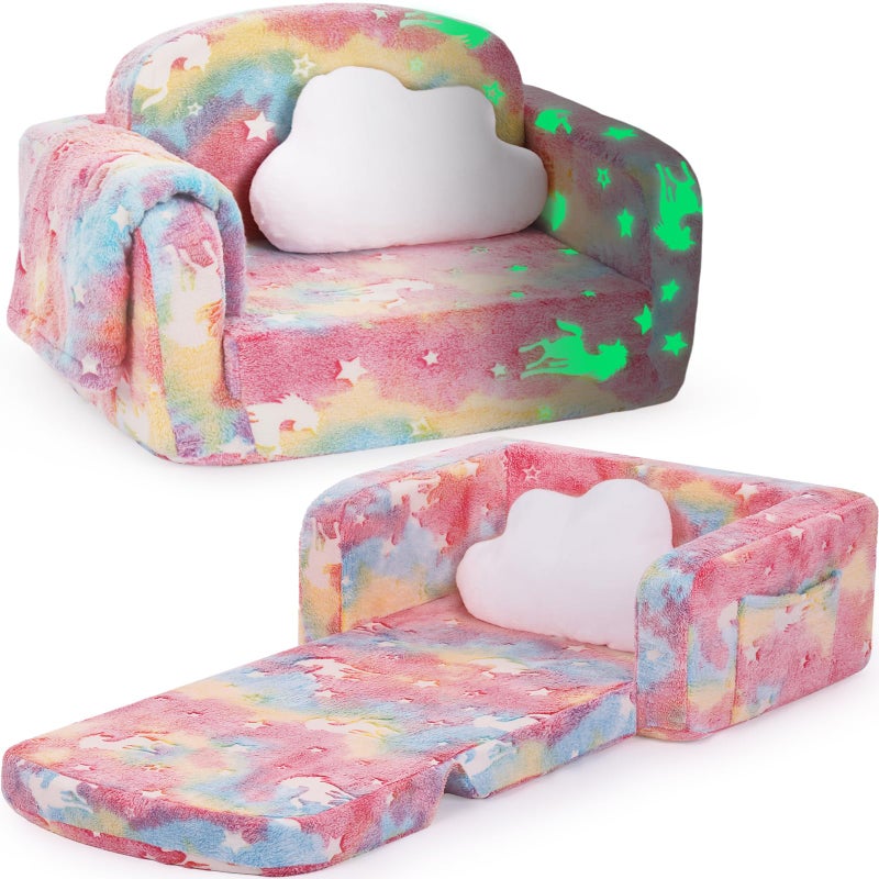 Foryoomi Kids Couch, 2-in-1 Soft Toddler Couch Fold Out with Blanket and Cloud Pillow, Glow in The Dark, Toddler Chair Comfy, Convertible Sofa, Gifts for Kids Girl Boys, Medium Pink Unicorn - Image 1