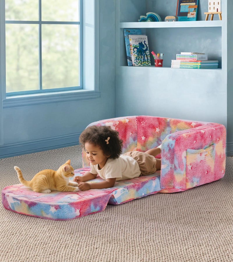 Foryoomi Kids Couch, 2-in-1 Soft Toddler Couch Fold Out with Blanket and Cloud Pillow, Glow in The Dark, Toddler Chair Comfy, Convertible Sofa, Gifts for Kids Girl Boys, Medium Pink Unicorn - Image 5