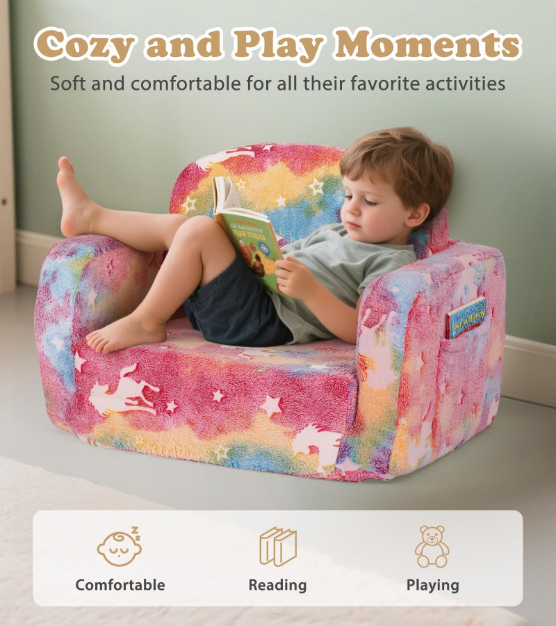 Foryoomi Kids Couch, 2-in-1 Soft Toddler Couch Fold Out with Blanket and Cloud Pillow, Glow in The Dark, Toddler Chair Comfy, Convertible Sofa, Gifts for Kids Girl Boys, Medium Pink Unicorn - Image 2
