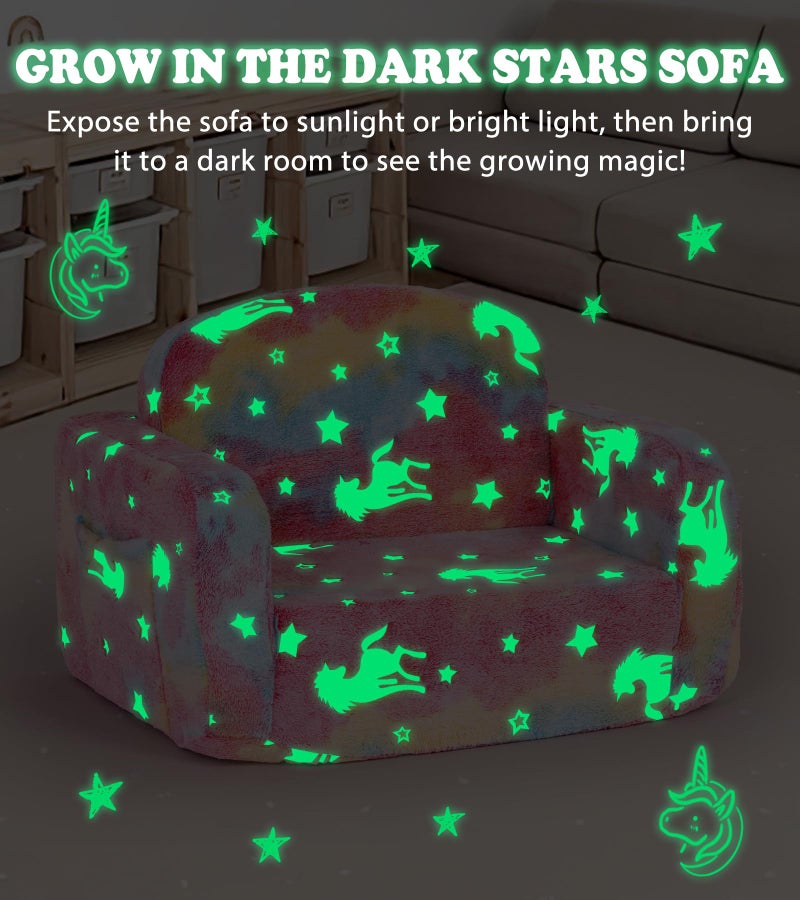 Foryoomi Kids Couch, 2-in-1 Soft Toddler Couch Fold Out with Blanket and Cloud Pillow, Glow in The Dark, Toddler Chair Comfy, Convertible Sofa, Gifts for Kids Girl Boys, Medium Pink Unicorn - Image 4