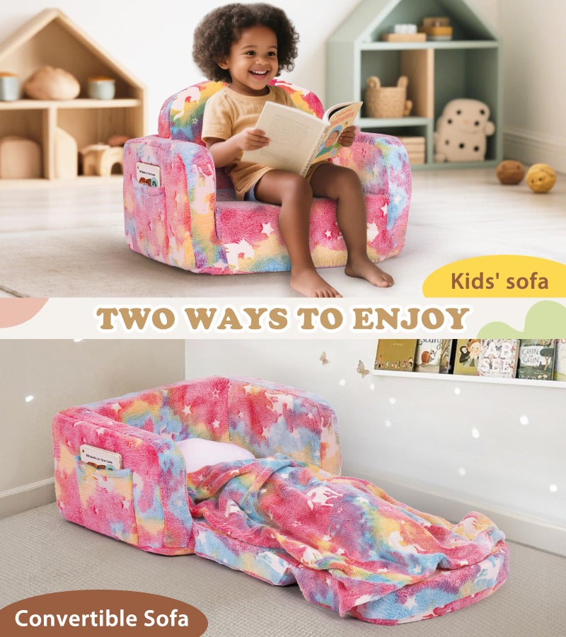Foryoomi Kids Couch, 2-in-1 Soft Toddler Couch Fold Out with Blanket and Cloud Pillow, Glow in The Dark, Toddler Chair Comfy, Convertible Sofa, Gifts for Kids Girl Boys, Medium Pink Unicorn - Image 3