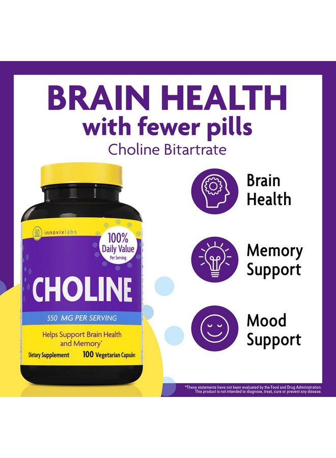 InnovixLabs InnovixLabs Choline Supplement 550mg Pure Choline Bitartrate for Brain Health, Focus, Memory, Cognitive Development, Fatty Liver and Mood Support for Women and Men, 100 Capsules - Image 2