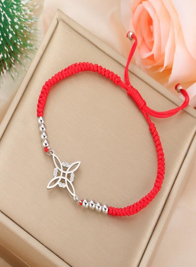 TEAMER Witches Knot Bracelet Stainless Steel Beads Charm Wax Rope Celtic Knot Wiccan Symbol Adjustable Bracelet for Women (Witches Knot - S Red) - Image 4