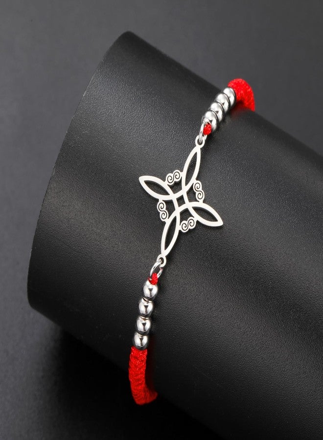 TEAMER Witches Knot Bracelet Stainless Steel Beads Charm Wax Rope Celtic Knot Wiccan Symbol Adjustable Bracelet for Women (Witches Knot - S Red) - Image 5