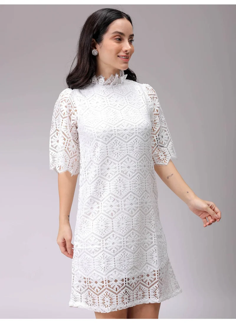 مرفوعة Women Casual A Line Lace Plain Round Neck Knee Length Shift Dress