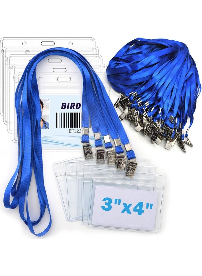 Bird Fiy 4X3 Name Tags Badge Holder With Lanyard 50 Pack Waterproof Horizontal Id Badge Holder And 50 Pcs Lanyards Nametag For Conferences Events And Meetings (Blue 4 X 3 Inches)  - Image 1