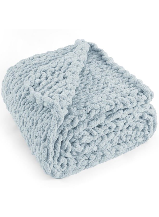 LONG CREATE Chunky Knit Throw Blanket 50"X 60", 100% Handmade with Soft Chenille Yarn, 4.4lbs Thick Cable Knitted Blankets, Large Rope Knot Crochet Throws for Couch Sofa Bed Home Decor, Baby Blue - Image 1