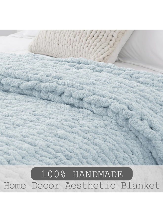 LONG CREATE Chunky Knit Throw Blanket 50"X 60", 100% Handmade with Soft Chenille Yarn, 4.4lbs Thick Cable Knitted Blankets, Large Rope Knot Crochet Throws for Couch Sofa Bed Home Decor, Baby Blue - Image 2