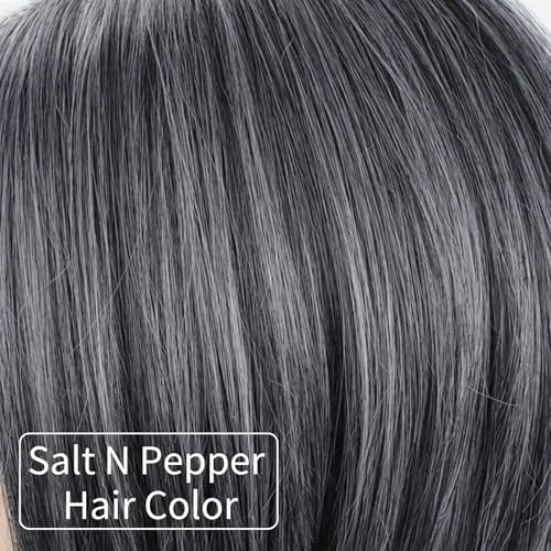 RENERSHOW Grey Medium Length Bob Wig with Bangs Layered Straight Hair Wigs for Women Salt Pepper Wig with Dark Roots Natural Dark Grey Daily Hairstyle Lightweight Hair Replacement Wig - Image 3