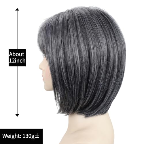 RENERSHOW Grey Medium Length Bob Wig with Bangs Layered Straight Hair Wigs for Women Salt Pepper Wig with Dark Roots Natural Dark Grey Daily Hairstyle Lightweight Hair Replacement Wig - Image 5