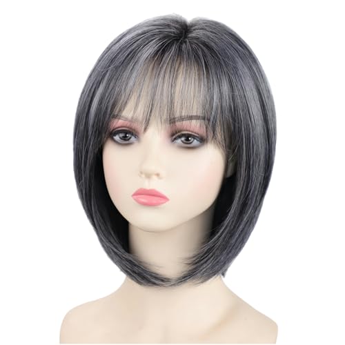 RENERSHOW Grey Medium Length Bob Wig with Bangs Layered Straight Hair Wigs for Women Salt Pepper Wig with Dark Roots Natural Dark Grey Daily Hairstyle Lightweight Hair Replacement Wig - Image 1