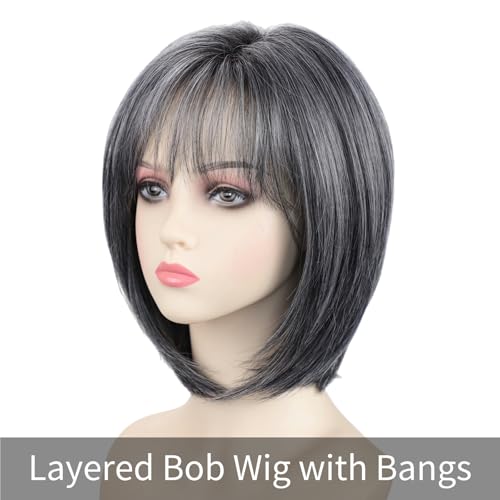 RENERSHOW Grey Medium Length Bob Wig with Bangs Layered Straight Hair Wigs for Women Salt Pepper Wig with Dark Roots Natural Dark Grey Daily Hairstyle Lightweight Hair Replacement Wig - Image 2