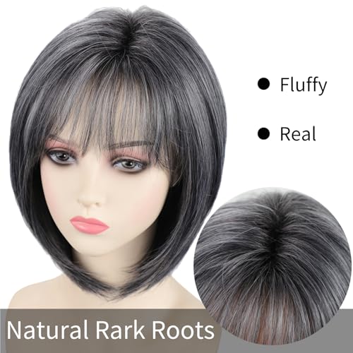 RENERSHOW Grey Medium Length Bob Wig with Bangs Layered Straight Hair Wigs for Women Salt Pepper Wig with Dark Roots Natural Dark Grey Daily Hairstyle Lightweight Hair Replacement Wig - Image 4