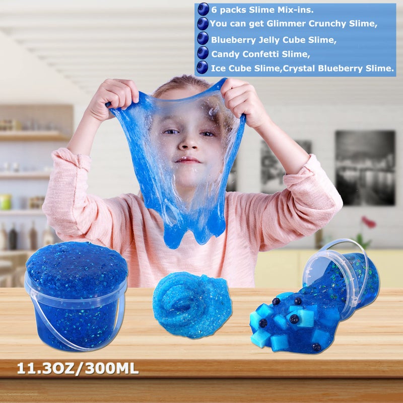 Azeperoy Premade Blueberry Blue Jelly Cube Glimmer Crunchy Crystal Slime, Includes 6 Sets of Add-ins, Sensory and Tactile Stimulation, Stress Relief, Party Favors for Girls & Boys - Image 2