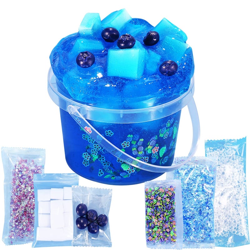 Azeperoy Premade Blueberry Blue Jelly Cube Glimmer Crunchy Crystal Slime, Includes 6 Sets of Add-ins, Sensory and Tactile Stimulation, Stress Relief, Party Favors for Girls & Boys - Image 1
