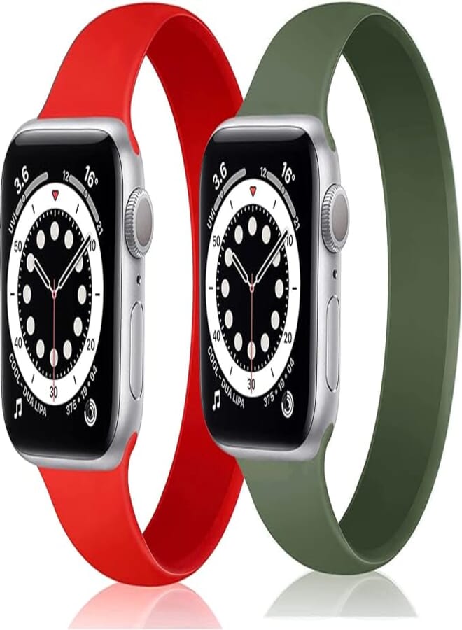 2 Pack Silicone Solo Loop Elastic Band Size 42/44/45/49 mm Soft Stretch Sport Replacement Strap For Apple Watch Series 8/7/6/5/4/3/SE/Ultra - Red & Dark Green (Medium -160mm)