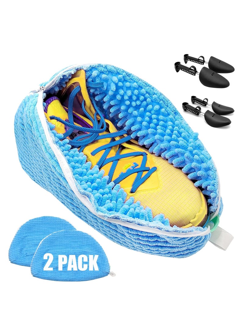 2 Pack Shoe Washing Bag for Washing Machine, Laundry Shoe Bag for Washer and Dryer, Shoe Cleaning Bag for Sneaker Tennis Shoes Include 2 Pairs of Adjustable Shoe Trees (Blue 2Pcs) - Image 1