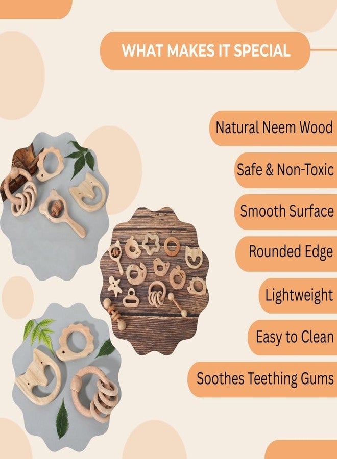 Babbles Neem Wood Teethers for Babies | Wooden Teethers for 6 to 12 Months Baby | Natural and Antibacteria (Cat+Hedgehog+Micky Head+Ring) - Image 2