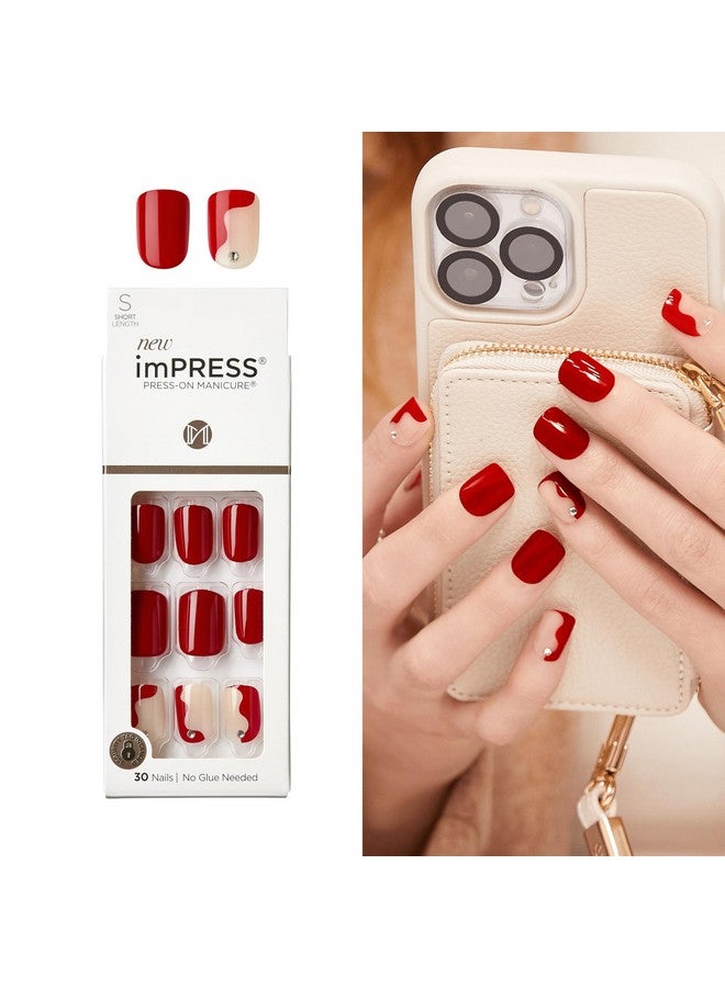 إمبريس أظافر KISS imPRESS بدون غراء، تصميم "Adore You"، أحمر، مقاس قصير، شكل بيضاوي، تتضمن 30 ظفرًا، وسادة تحضير، ورقة تعليمات، عصا مانيكير واحدة، مبرد صغير واحد - Image 1