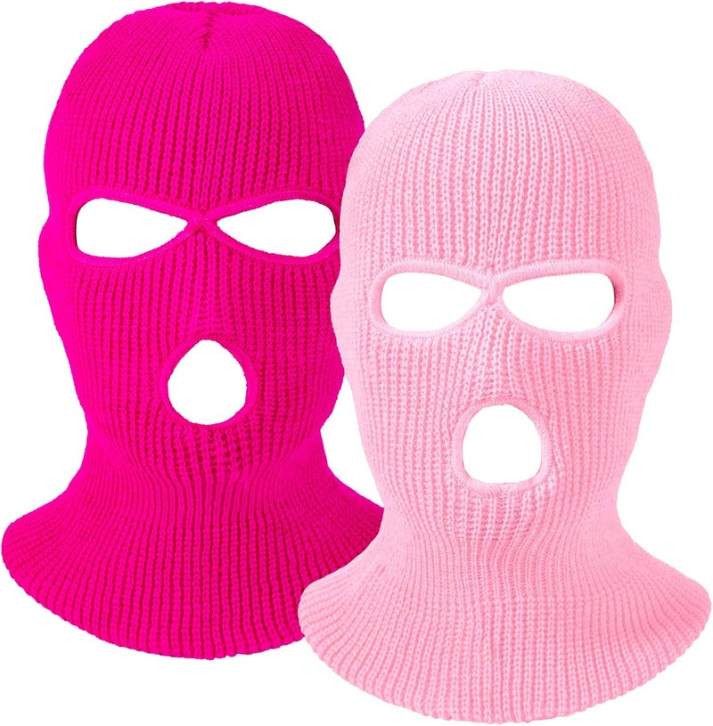 eBoot 2 Pieces 3-Hole Ski Mask Knitted Face Cover Winter Balaclava Full Face Mask for Winter Outdoor Sports (Pink, Rose Red) - Image 1