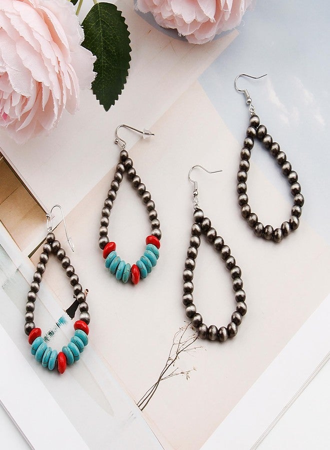 CZMZHFC 2 Pairs Navajo Pearl Earrings,Western Pearl Turquoise Stone Earring,Boho Beaded Teardrop Earrings,Cowgirl Vintage Drop Dangle Earrings,Western Jewelry Gifts for Women - Image 4