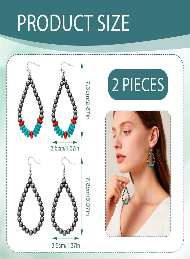 CZMZHFC 2 Pairs Navajo Pearl Earrings,Western Pearl Turquoise Stone Earring,Boho Beaded Teardrop Earrings,Cowgirl Vintage Drop Dangle Earrings,Western Jewelry Gifts for Women - Image 2