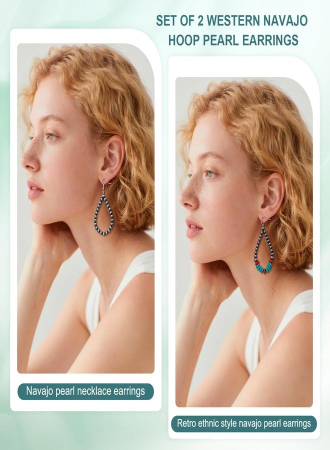CZMZHFC 2 Pairs Navajo Pearl Earrings,Western Pearl Turquoise Stone Earring,Boho Beaded Teardrop Earrings,Cowgirl Vintage Drop Dangle Earrings,Western Jewelry Gifts for Women - Image 5