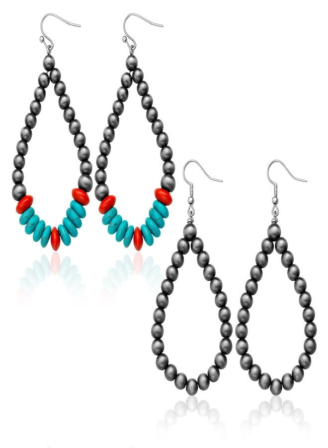 CZMZHFC 2 Pairs Navajo Pearl Earrings,Western Pearl Turquoise Stone Earring,Boho Beaded Teardrop Earrings,Cowgirl Vintage Drop Dangle Earrings,Western Jewelry Gifts for Women - Image 1