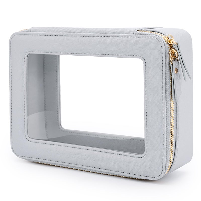 Aveniee Clear Makeup Bag for Women, Clear Cosmetic Bags Travel Toiletry Bag, Heavy Duty Makeup Organizer, Makeup Train Case with Clear Windows & Gold Zippers(Slate Blue) - Image 1