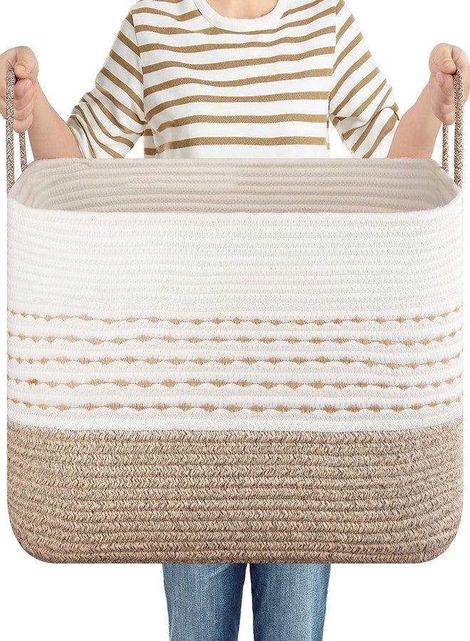 OIASKET Large Blanket Basket for Living Room, 75L Woven Storage Baskets for Organizing, Rectangle Cotton Rope Toy Basket With Handles-Brown & White - Image 1