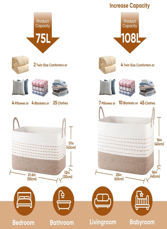 OIASKET Large Blanket Basket for Living Room, 75L Woven Storage Baskets for Organizing, Rectangle Cotton Rope Toy Basket With Handles-Brown & White - Image 4