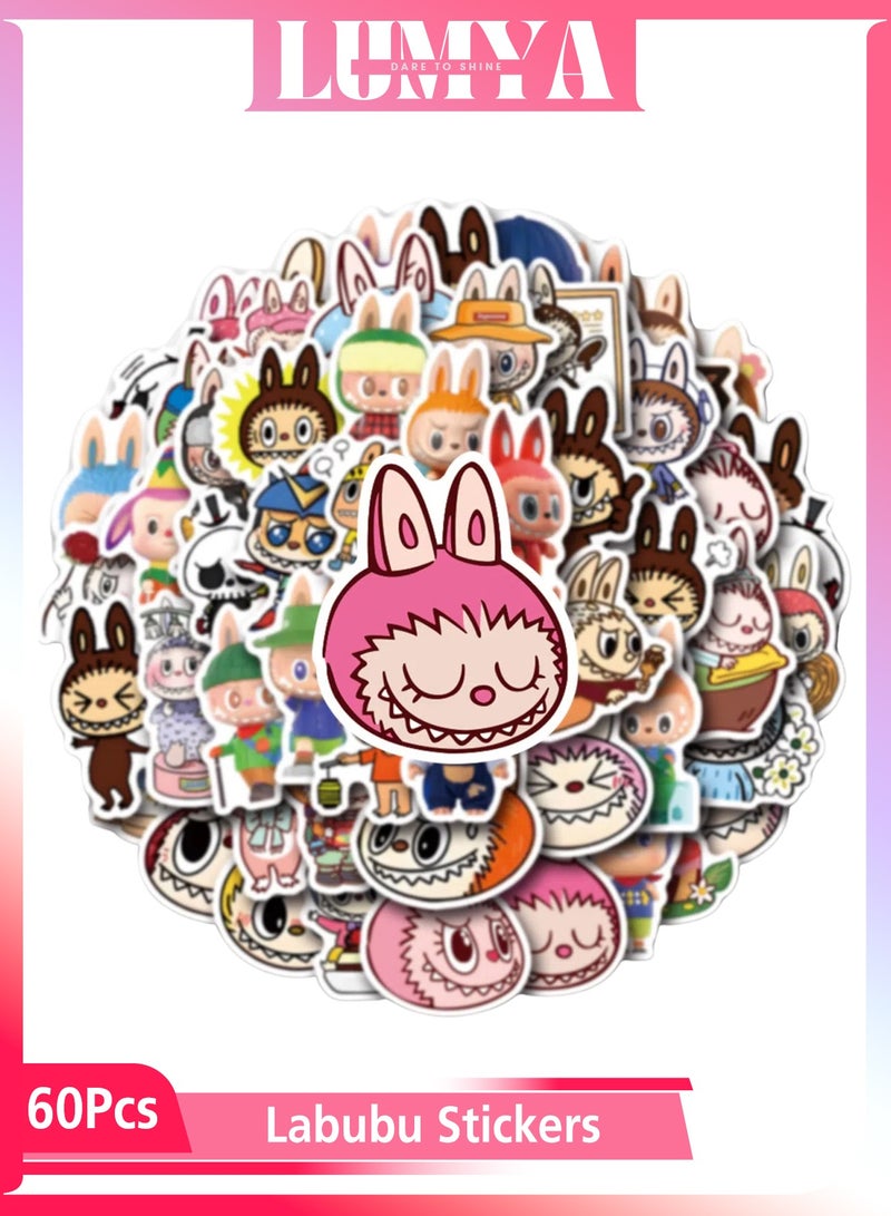 لابوبو 60 قطعة ملصقات كرتونية Labubu (5x6 سم)، ملصقات فينيل مقاومة للماء كيوت كاوايي للأطفال والمراهقين والكبار، للديكور اليدوي على دفاتر، أجهزة الكمبيوتر المحمولة، زجاجات المياه، الهواتف، الجيتار، السكيت بورد، الدراجات، حقائب السفر، مثالية كهدية للحفلات ولوازم المدرسة - Image 1