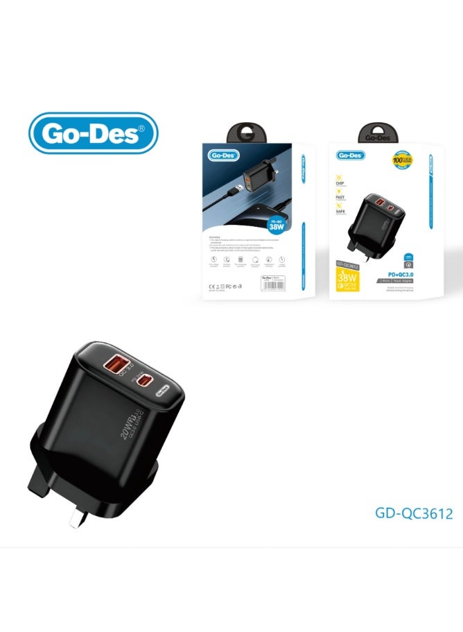 Go-Des 38W PD + QC 3.0 Dual-Port Fast Travel Charger USB-C USB-A Wall Adapter with Smart Protection - Image 4