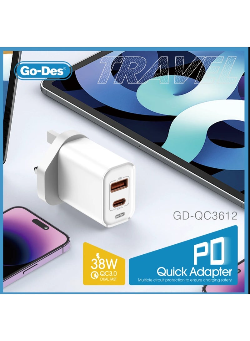 Go-Des 38W PD + QC 3.0 Dual-Port Fast Travel Charger USB-C USB-A Wall Adapter with Smart Protection - Image 3