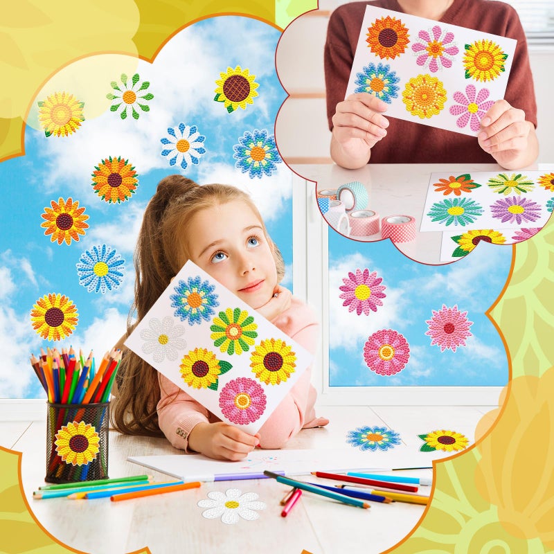 Saillong 36 Pcs Daisy Diamond Painting Sticker 5d DIY Diamond Sticker Sunflower Painting Creative Decals Resin Flower Rhinestone Gem Art Kits for Refrigerator Home Crafts Adults Summer Gift Decor - Image 2