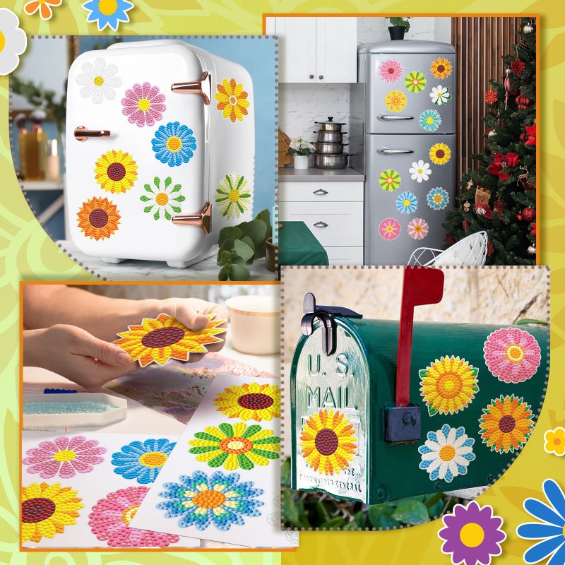Saillong 36 Pcs Daisy Diamond Painting Sticker 5d DIY Diamond Sticker Sunflower Painting Creative Decals Resin Flower Rhinestone Gem Art Kits for Refrigerator Home Crafts Adults Summer Gift Decor - Image 5