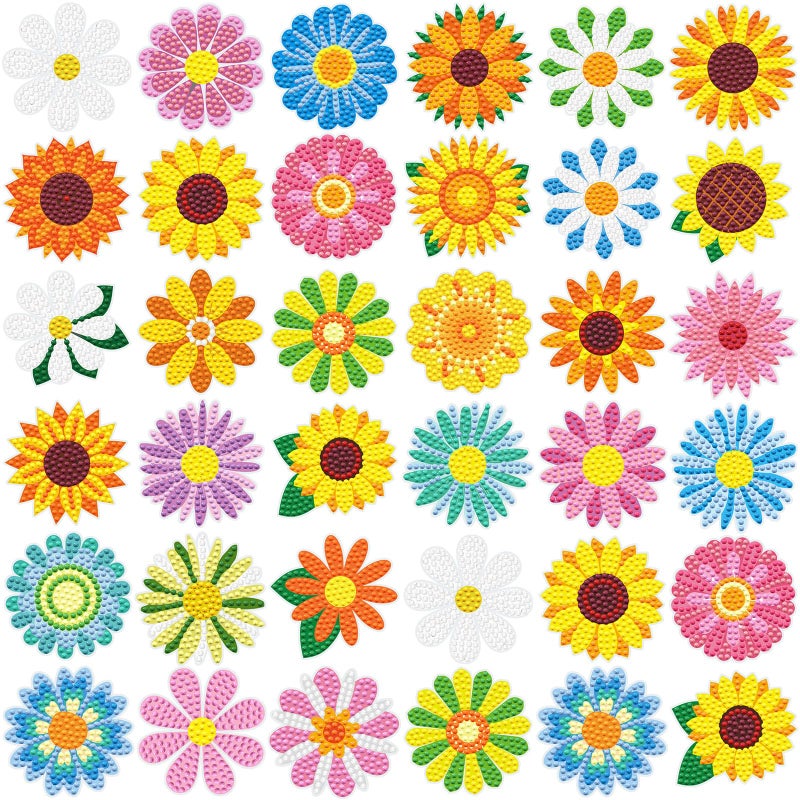 Saillong 36 Pcs Daisy Diamond Painting Sticker 5d DIY Diamond Sticker Sunflower Painting Creative Decals Resin Flower Rhinestone Gem Art Kits for Refrigerator Home Crafts Adults Summer Gift Decor - Image 1