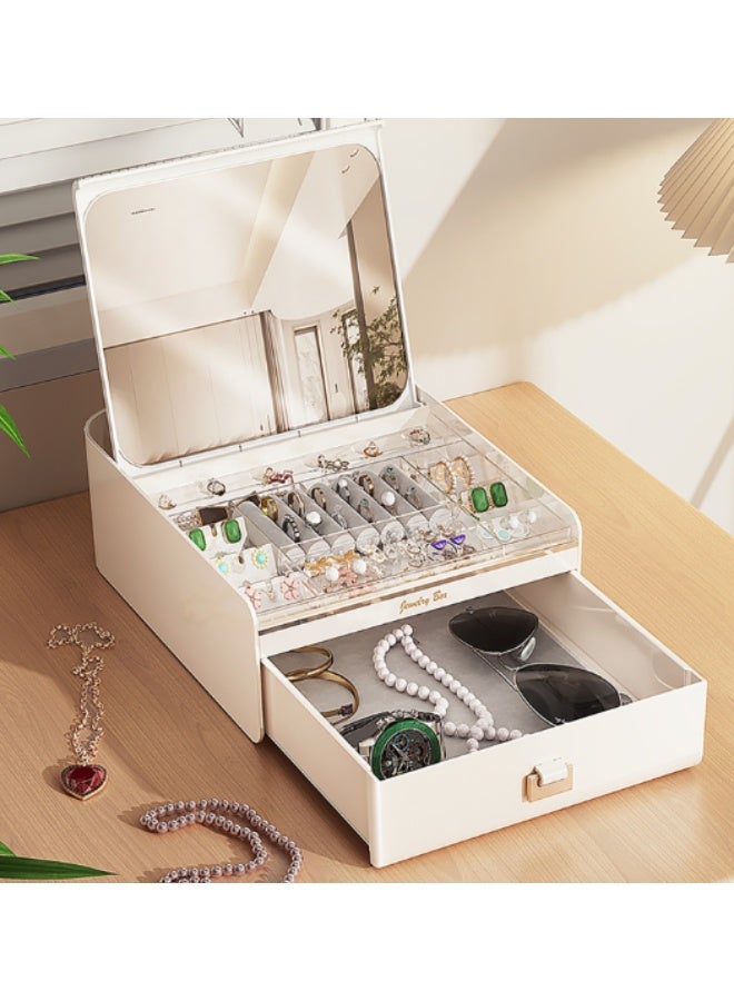 ILovhaprty Jewelry Organizer Box with Mirror for Women, 22.5×20.5×8.5cm Large Jewelry Storage Case with Auto-Open Lid & Pull-Out Drawer, White Multi-Layer Ring Earring Necklace Holder, Clear Dustproof Display - Image 1