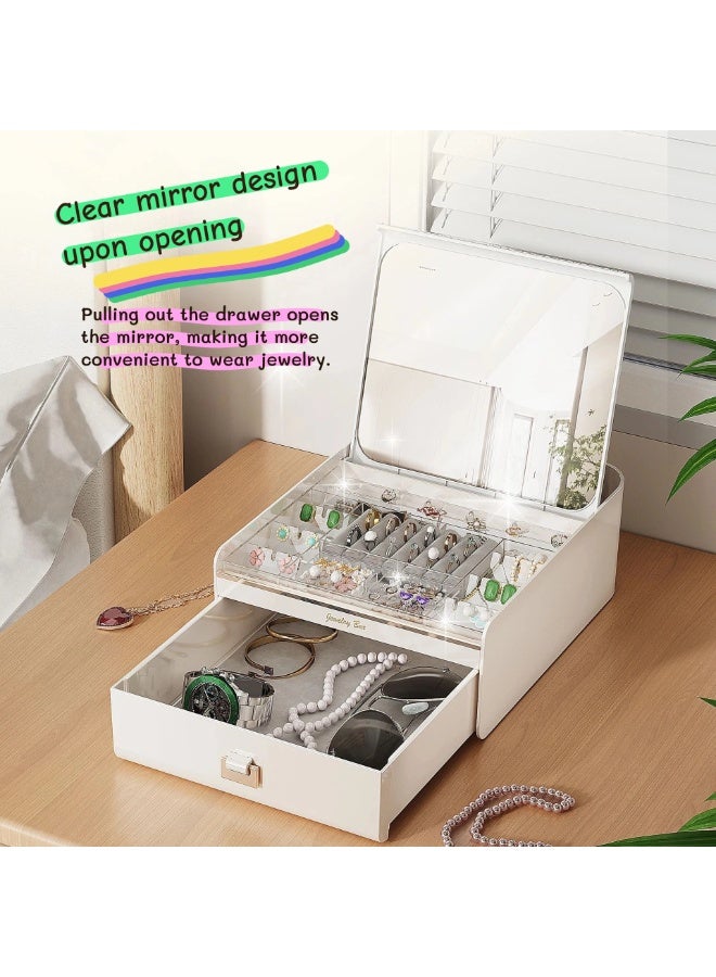 ILovhaprty Jewelry Organizer Box with Mirror for Women, 22.5×20.5×8.5cm Large Jewelry Storage Case with Auto-Open Lid & Pull-Out Drawer, White Multi-Layer Ring Earring Necklace Holder, Clear Dustproof Display - Image 3