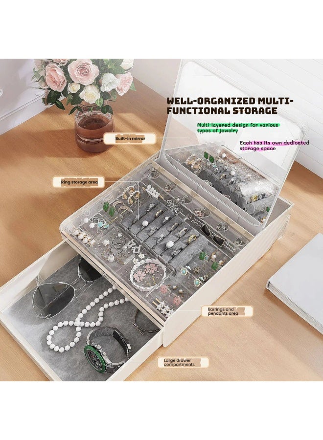 ILovhaprty Jewelry Organizer Box with Mirror for Women, 22.5×20.5×8.5cm Large Jewelry Storage Case with Auto-Open Lid & Pull-Out Drawer, White Multi-Layer Ring Earring Necklace Holder, Clear Dustproof Display - Image 4