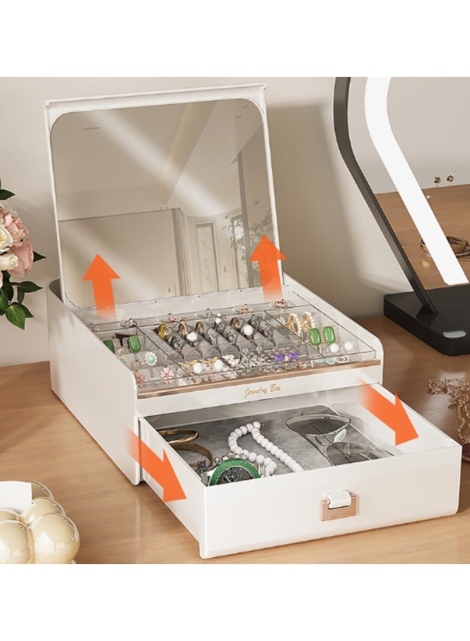 ILovhaprty Jewelry Organizer Box with Mirror for Women, 22.5×20.5×8.5cm Large Jewelry Storage Case with Auto-Open Lid & Pull-Out Drawer, White Multi-Layer Ring Earring Necklace Holder, Clear Dustproof Display - Image 5