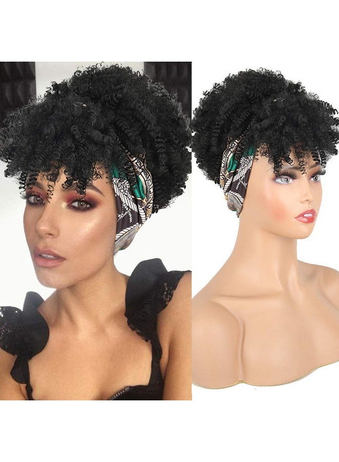 Aisaide Curly Wigs For Black Women Short Afro Kinky Curly Headbands For Wigscurly Synthetic Black Wig With Bangs Wrap Wig With Headband Attached Scarf Wig Turban Drawstring Afro High Puff Head Wrap  - Image 2
