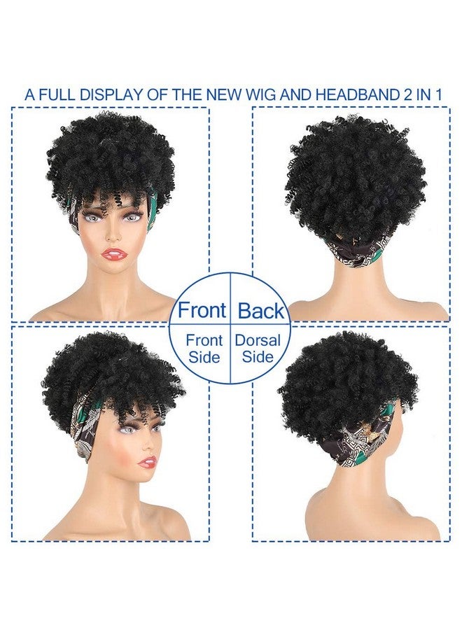Aisaide Curly Wigs For Black Women Short Afro Kinky Curly Headbands For Wigscurly Synthetic Black Wig With Bangs Wrap Wig With Headband Attached Scarf Wig Turban Drawstring Afro High Puff Head Wrap  - Image 4
