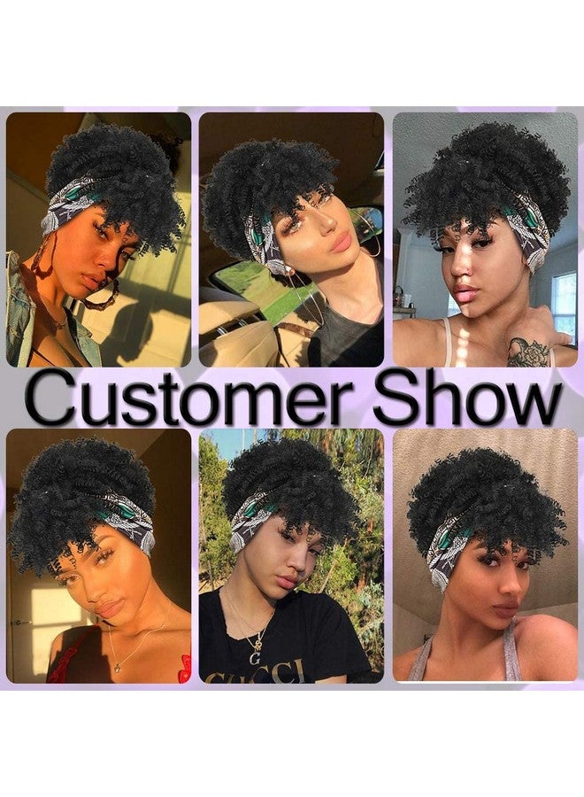 Aisaide Curly Wigs For Black Women Short Afro Kinky Curly Headbands For Wigscurly Synthetic Black Wig With Bangs Wrap Wig With Headband Attached Scarf Wig Turban Drawstring Afro High Puff Head Wrap  - Image 3