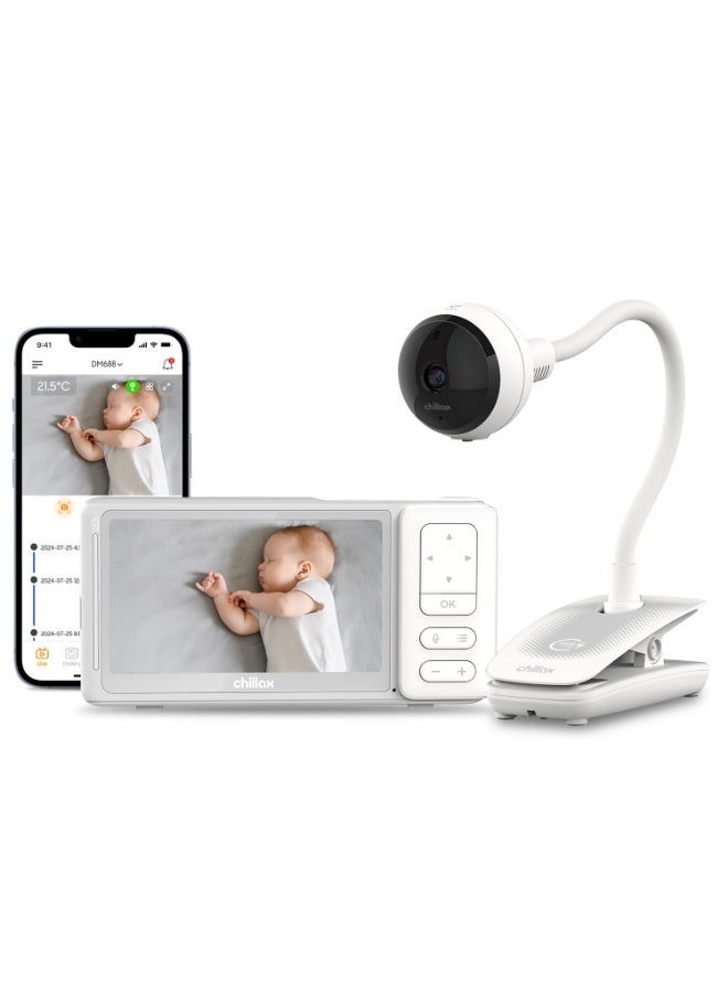 Chillax تكنولوجيا الأبوة الحائزة على جوائز | جهاز مراقبة الأطفال ChillaxBaby 5" مع كاميرا قابلة لإعادة الشحن بدقة 1080p FHD، وضع مزدوج، عرض مرن 360°، تحكم عبر Wi-Fi وتطبيق، مدى طويل، رؤية ليلية وتحدث ثنائي الاتجاه - Image 1