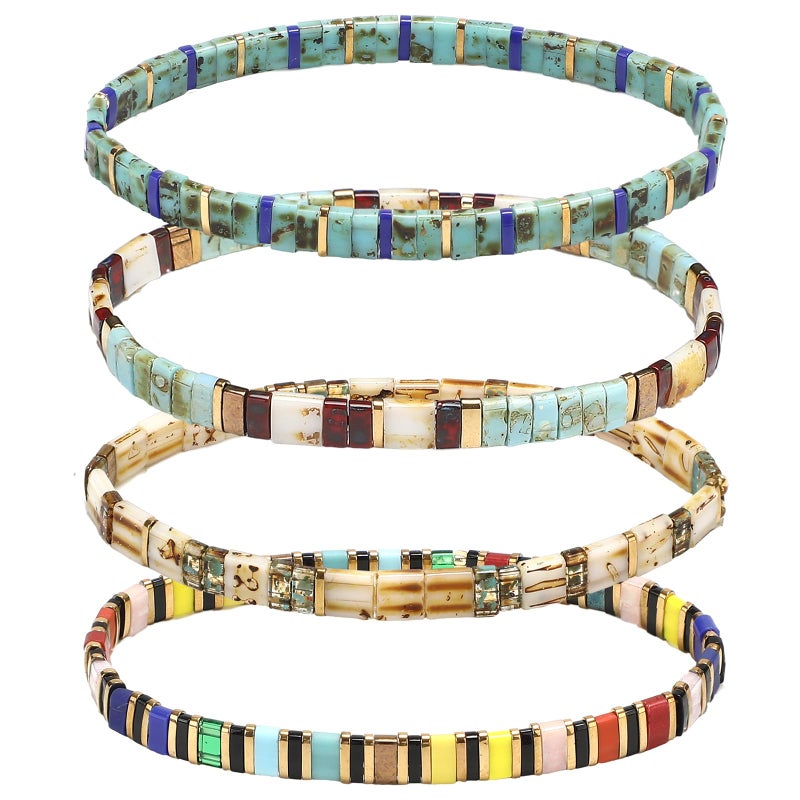 Jadive 4 Pcs Tila Flat Beaded Stretch Bracelets for Women Bohemian Friendship Bead Bracelets Glass Cute Boho Style Square Beaded Decorations for Jewelry Friend Gifts (Retro Color) - Image 1