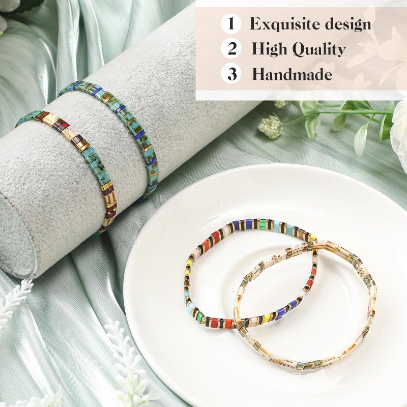 Jadive 4 Pcs Tila Flat Beaded Stretch Bracelets for Women Bohemian Friendship Bead Bracelets Glass Cute Boho Style Square Beaded Decorations for Jewelry Friend Gifts (Retro Color) - Image 4