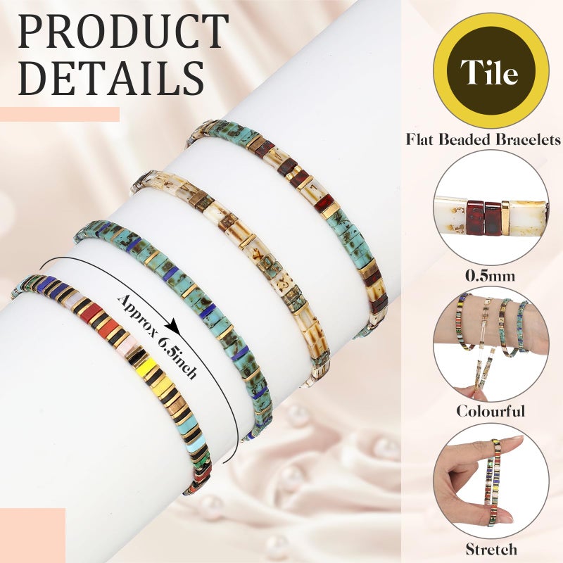 Jadive 4 Pcs Tila Flat Beaded Stretch Bracelets for Women Bohemian Friendship Bead Bracelets Glass Cute Boho Style Square Beaded Decorations for Jewelry Friend Gifts (Retro Color) - Image 2