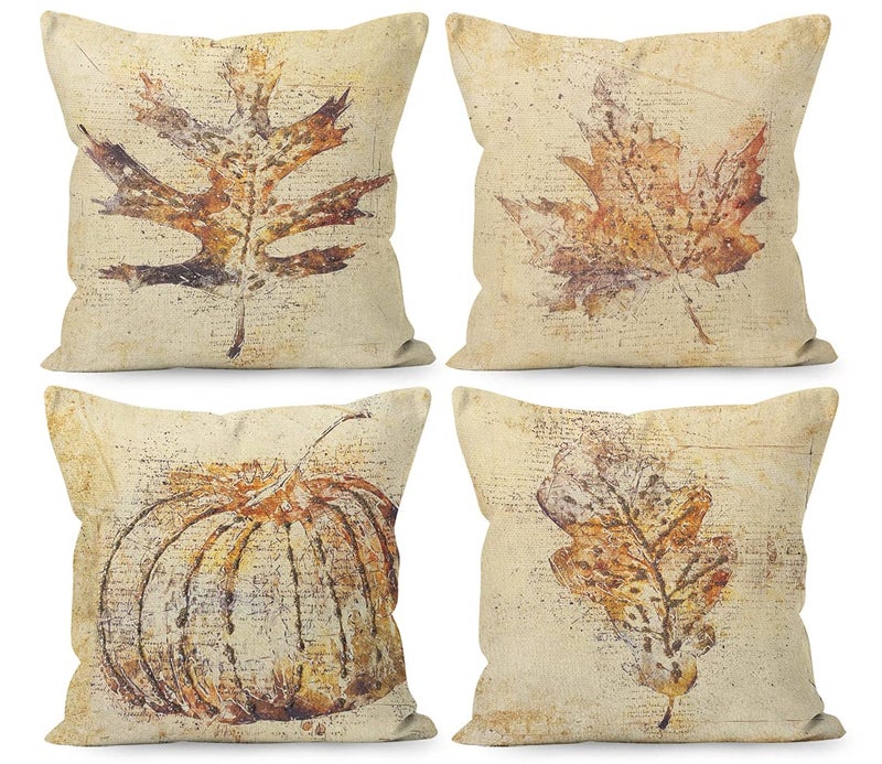 Liosei Fall Pillow Covers  18x18 Rustic Maple Leaves Harvest Linen Throw Pillow Covers Set of 4 Farmhouse Autumn Thanksgiving Gifts for Home Room Bedroom